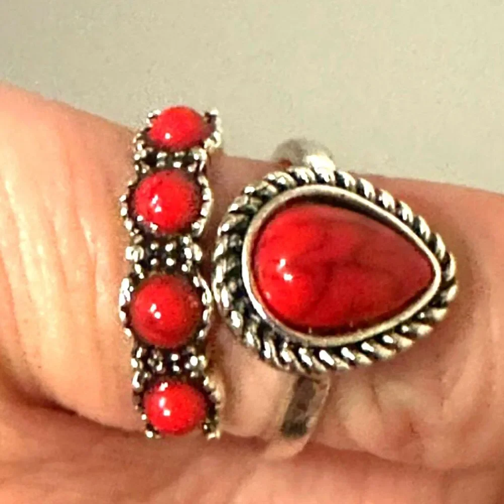 Beautiful (Silver Color ) Faux Agate 2 Fashion Ring Size: 5 & 5.5